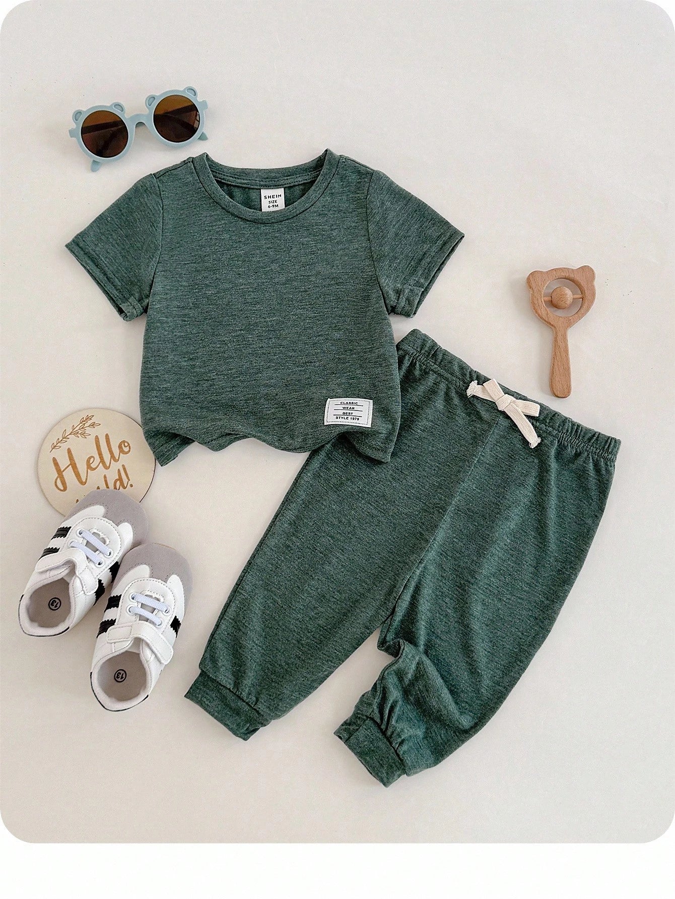 Baby Boy/Girl Dark Green Summer Casual 2-Piece Set,Soft&Elastic Knitted Crew Neck Short Sleeve Top And Elastic Waist Pants For Work,School And Home