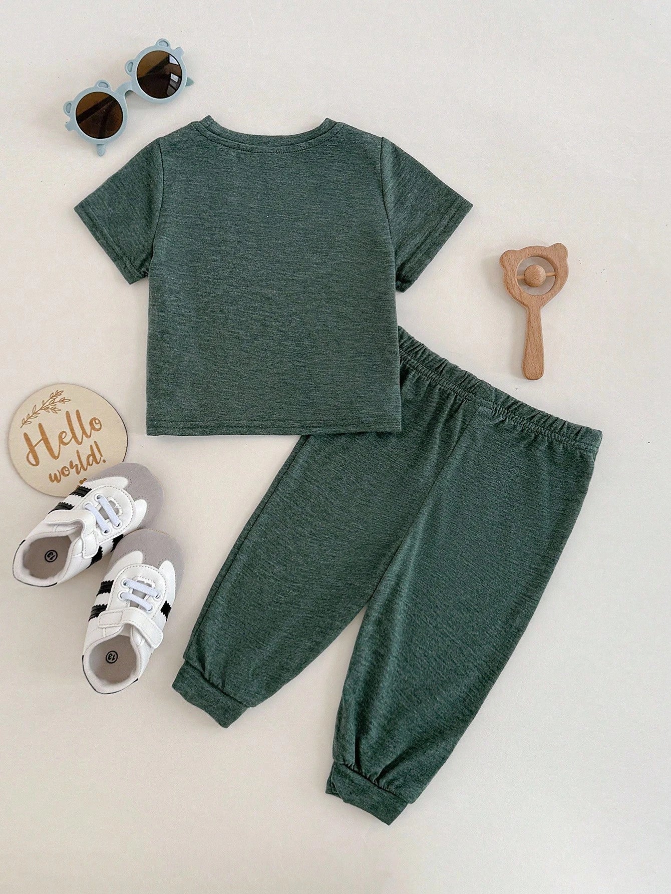 Baby Boy/Girl Dark Green Summer Casual 2-Piece Set,Soft&Elastic Knitted Crew Neck Short Sleeve Top And Elastic Waist Pants For Work,School And Home