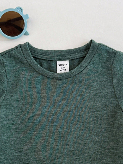 Baby Boy/Girl Dark Green Summer Casual 2-Piece Set,Soft&Elastic Knitted Crew Neck Short Sleeve Top And Elastic Waist Pants For Work,School And Home