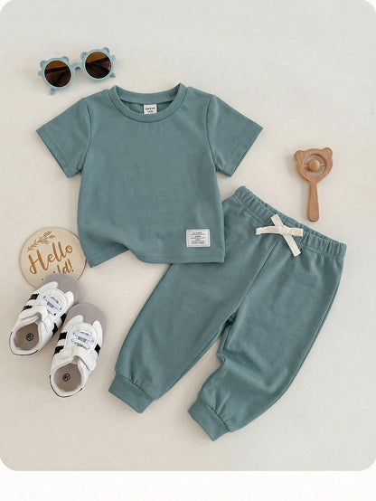 Baby Boy/Girl Dark Green Summer Casual 2-Piece Set,Soft&Elastic Knitted Crew Neck Short Sleeve Top And Elastic Waist Pants For Work,School And Home