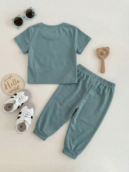 Baby Boy/Girl Dark Green Summer Casual 2-Piece Set,Soft&Elastic Knitted Crew Neck Short Sleeve Top And Elastic Waist Pants For Work,School And Home