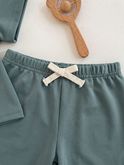 Baby Boy/Girl Dark Green Summer Casual 2-Piece Set,Soft&Elastic Knitted Crew Neck Short Sleeve Top And Elastic Waist Pants For Work,School And Home