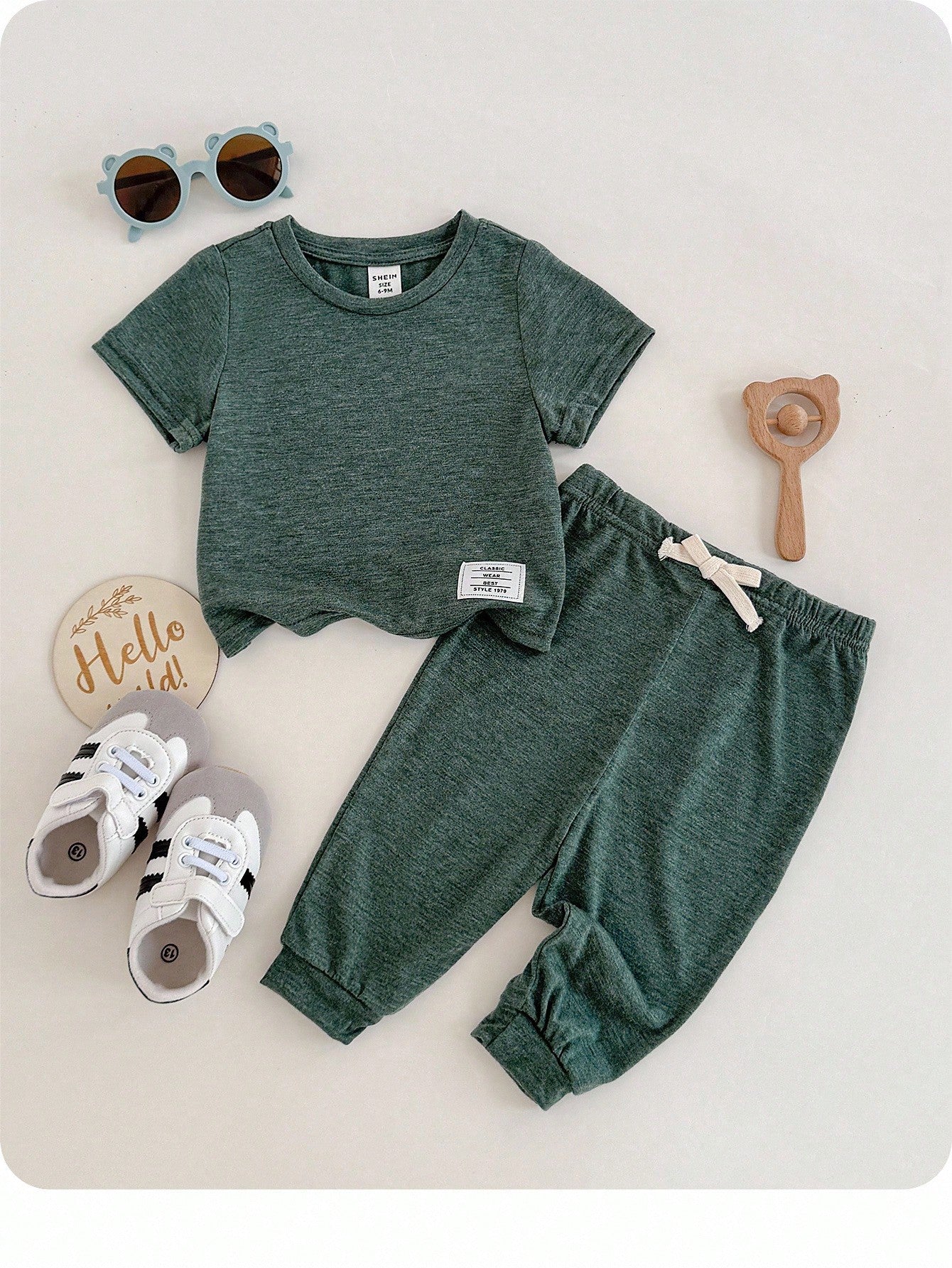 Baby Boy/Girl Dark Green Summer Casual 2-Piece Set,Soft&Elastic Knitted Crew Neck Short Sleeve Top And Elastic Waist Pants For Work,School And Home