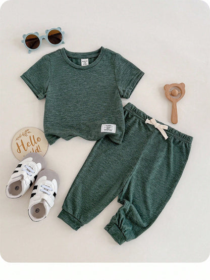 Baby Boy/Girl Dark Green Summer Casual 2-Piece Set,Soft&Elastic Knitted Crew Neck Short Sleeve Top And Elastic Waist Pants For Work,School And Home