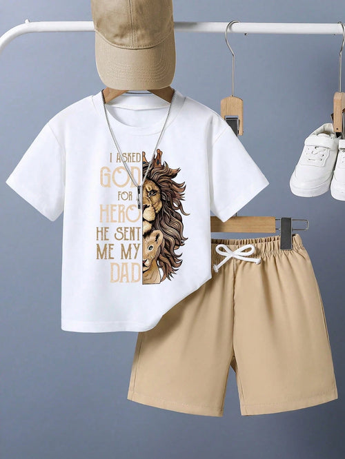 Baby Boy Letter & Lion Print Short Sleeve T-Shirt And Shorts Casual Outfit
