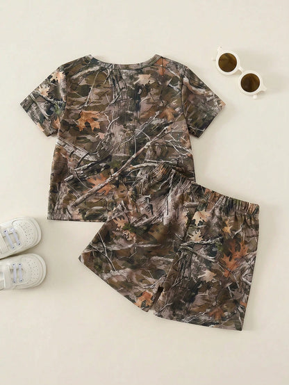 Baby Boy Plant Print Short Sleeve T-Shirt And Shorts Casual Daily Outfit