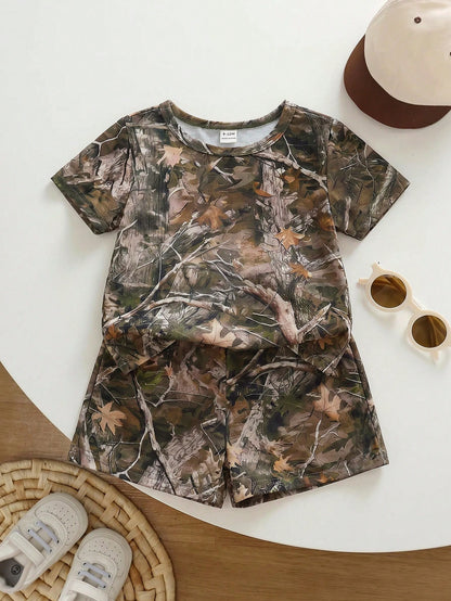 Baby Boy Plant Print Short Sleeve T-Shirt And Shorts Casual Daily Outfit