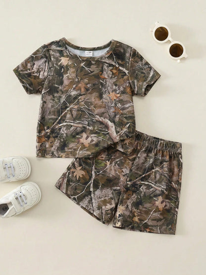 Baby Boy Plant Print Short Sleeve T-Shirt And Shorts Casual Daily Outfit