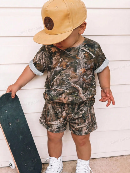Baby Boy Plant Print Short Sleeve T-Shirt And Shorts Casual Daily Outfit