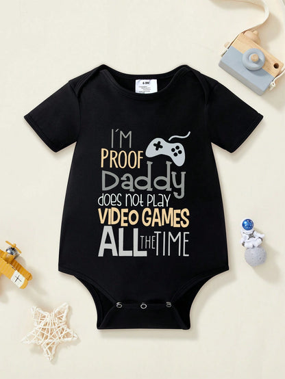 Baby Boy Slogan Print Round Neck Short Sleeve Casual Bodysuit