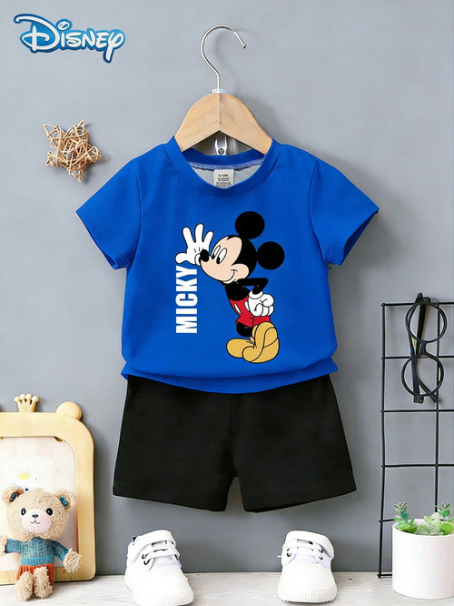 Baby Boy T-Shirt Set, Summer Disney Fresh Vacation Style, Straight Round Neck Blue Mickey Mouse T-Shirt + Black Shorts, Casual Daily Outing, Vacation, Gathering, Party Outfit, Suitable For Girls Under