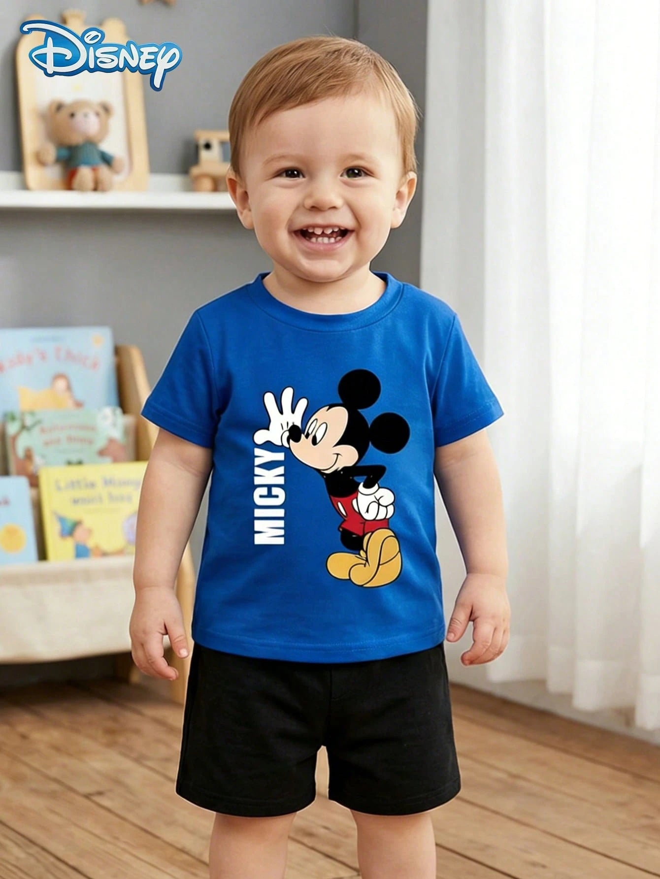 Baby Boy T-Shirt Set, Summer Disney Fresh Vacation Style, Straight Round Neck Blue Mickey Mouse T-Shirt + Black Shorts, Casual Daily Outing, Vacation, Gathering, Party Outfit, Suitable For Girls Under