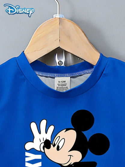 Baby Boy T-Shirt Set, Summer Disney Fresh Vacation Style, Straight Round Neck Blue Mickey Mouse T-Shirt + Black Shorts, Casual Daily Outing, Vacation, Gathering, Party Outfit, Suitable For Girls Under