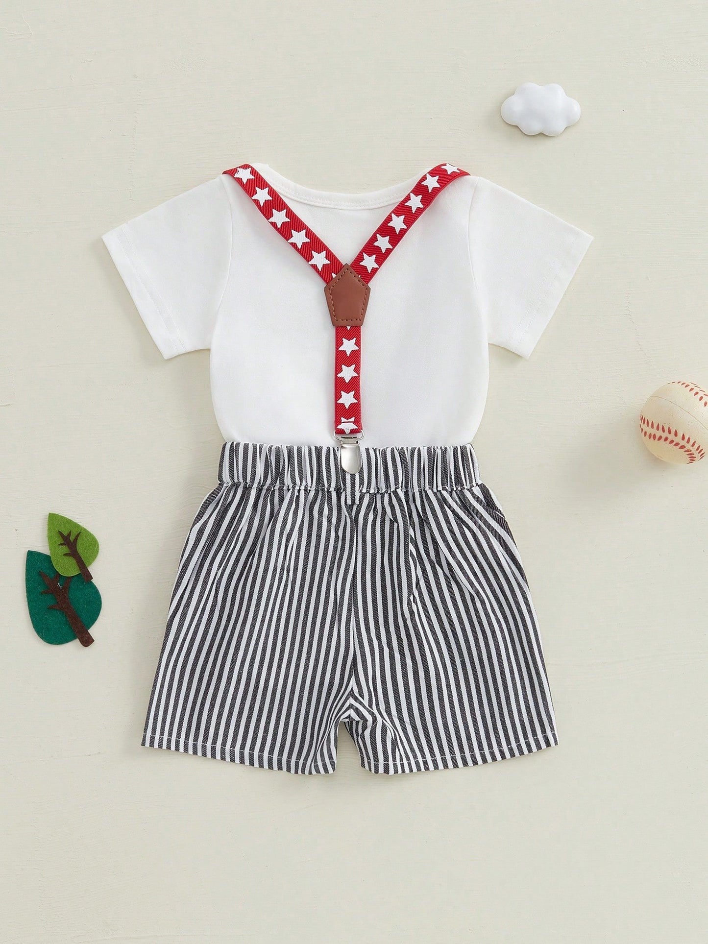 Baby Boys Baseball Half Birthday Outfits Letter Print Long Sleeve Romper Striped Suspender Shorts Gentleman Outfits