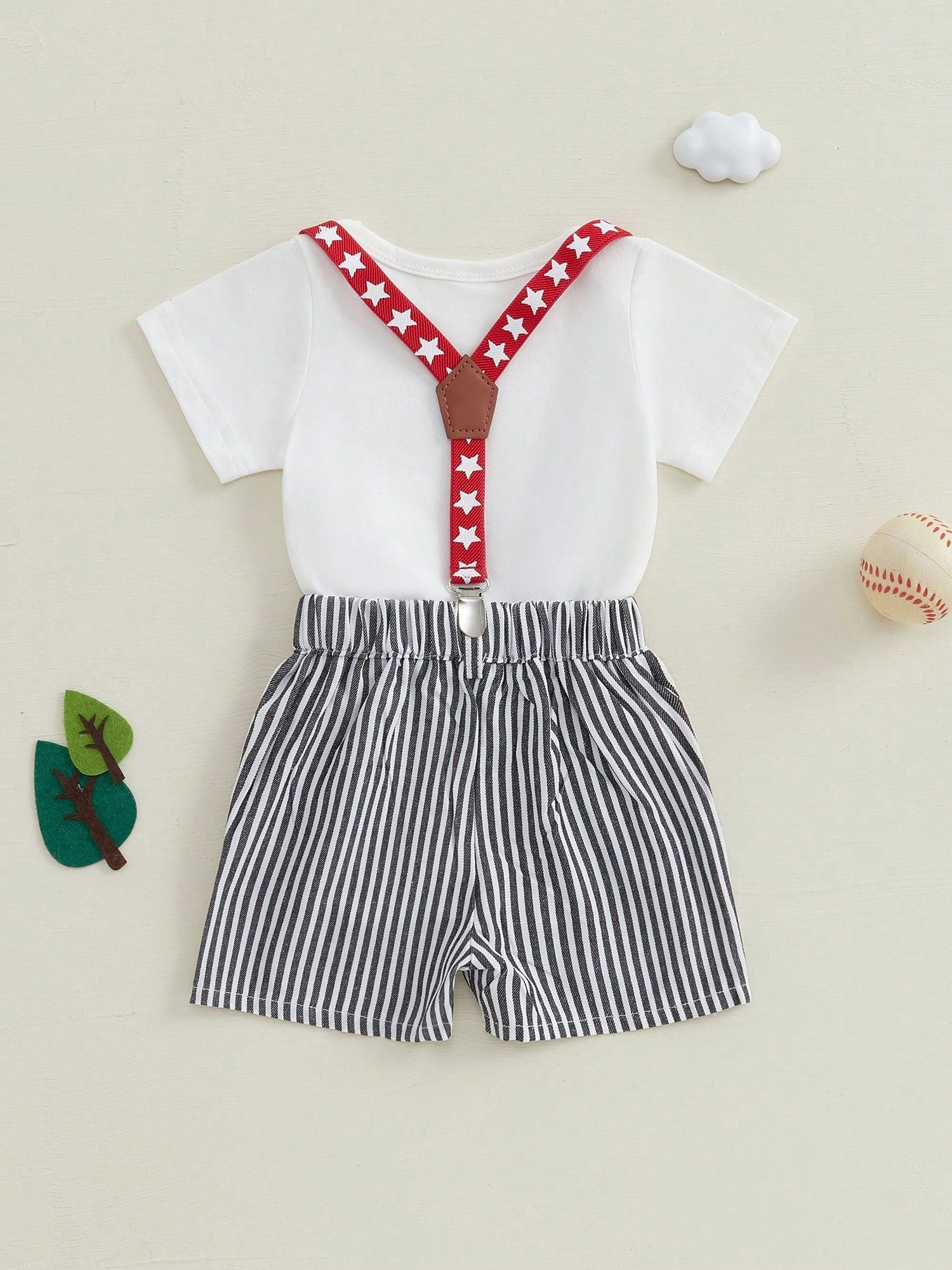 Baby Boys Baseball Half Birthday Outfits Letter Print Long Sleeve Romper Striped Suspender Shorts Gentleman Outfits