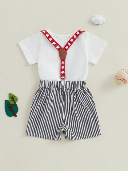 Baby Boys Baseball Half Birthday Outfits Letter Print Long Sleeve Romper Striped Suspender Shorts Gentleman Outfits