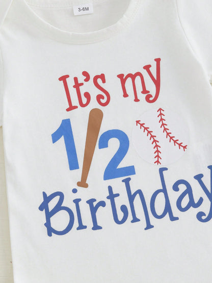 Baby Boys Baseball Half Birthday Outfits Letter Print Long Sleeve Romper Striped Suspender Shorts Gentleman Outfits