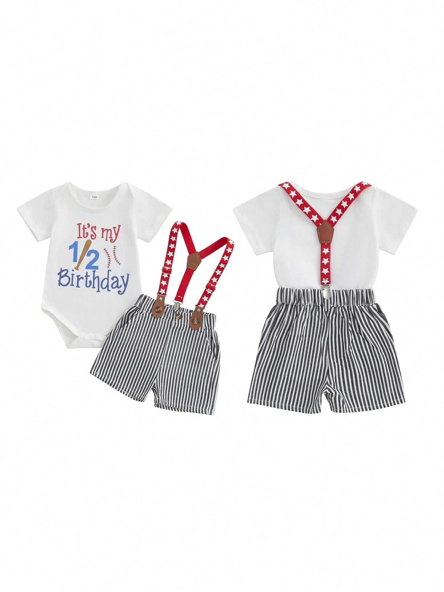 Baby Boys Baseball Half Birthday Outfits Letter Print Long Sleeve Romper Striped Suspender Shorts Gentleman Outfits