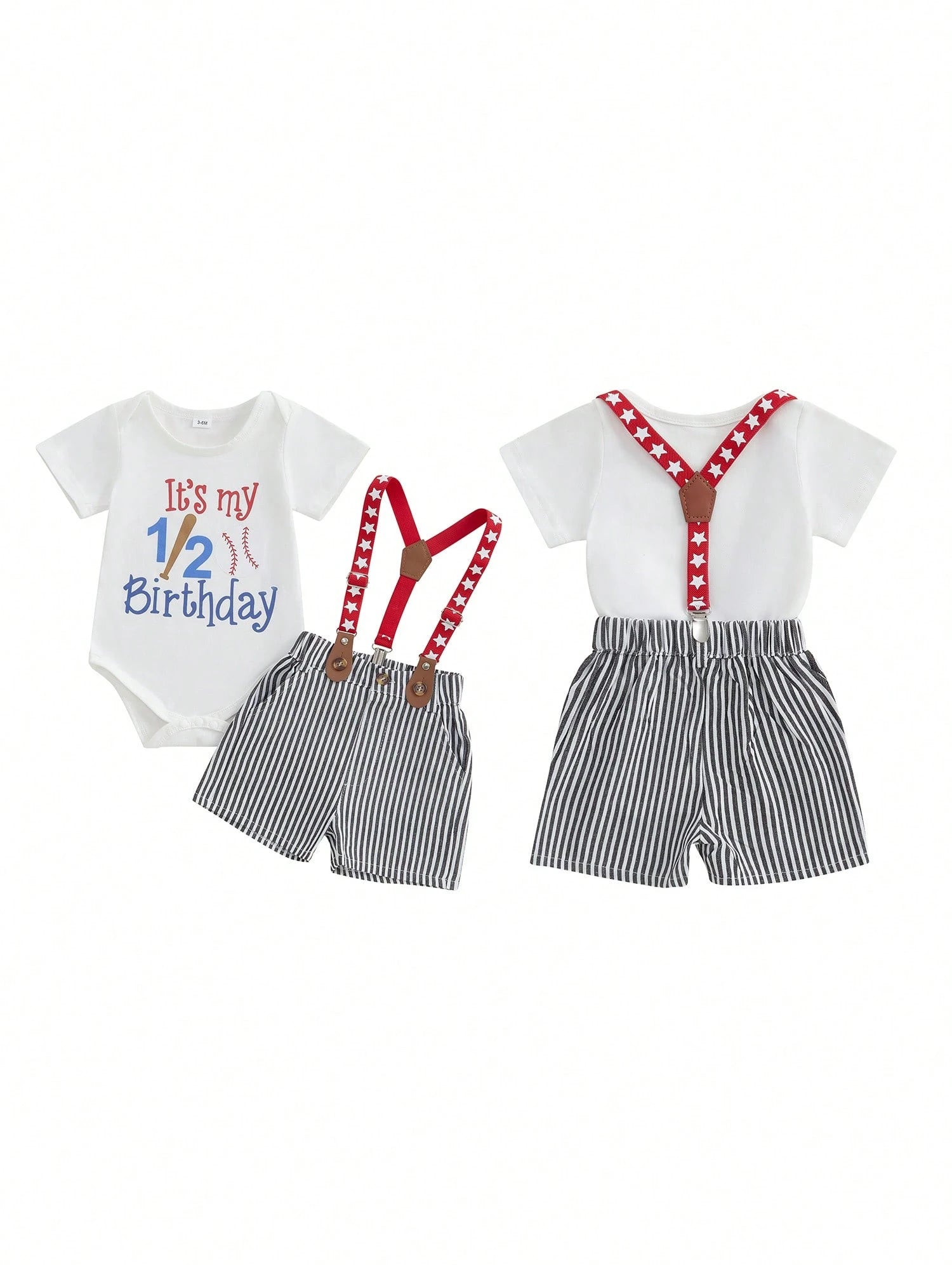 Baby Boys Baseball Half Birthday Outfits Letter Print Long Sleeve Romper Striped Suspender Shorts Gentleman Outfits