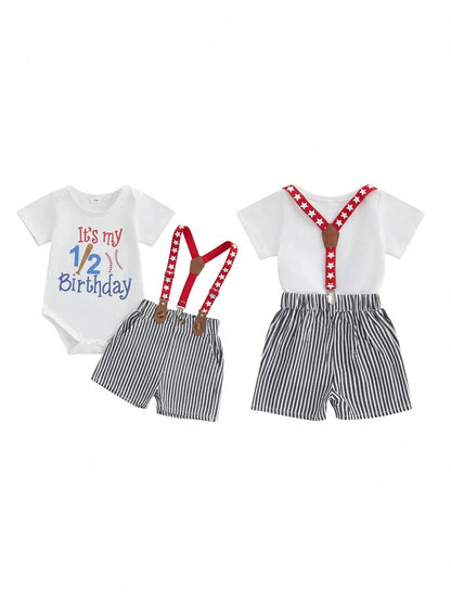Baby Boys Baseball Half Birthday Outfits Letter Print Long Sleeve Romper Striped Suspender Shorts Gentleman Outfits