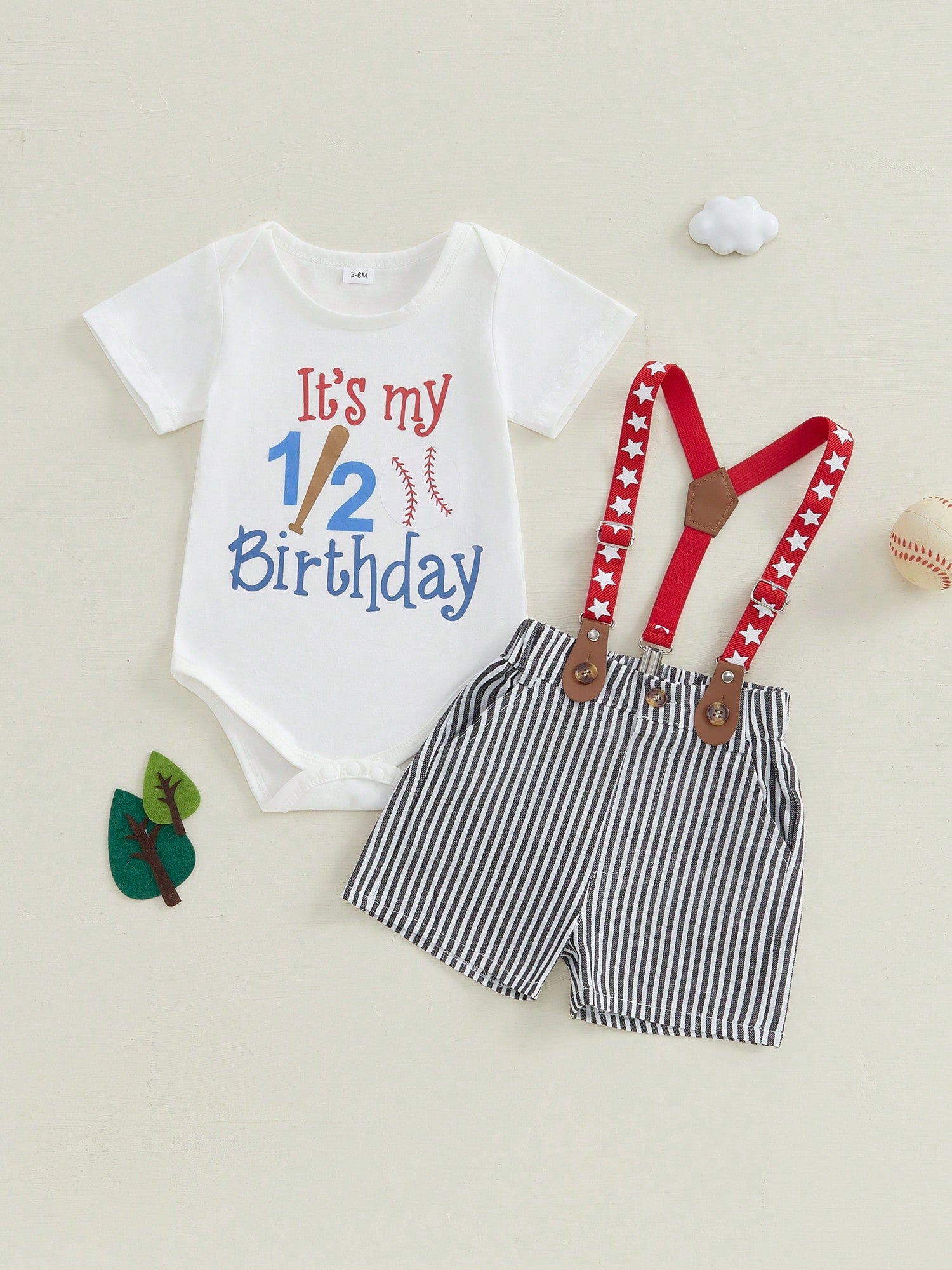 Baby Boys Baseball Half Birthday Outfits Letter Print Long Sleeve Romper Striped Suspender Shorts Gentleman Outfits