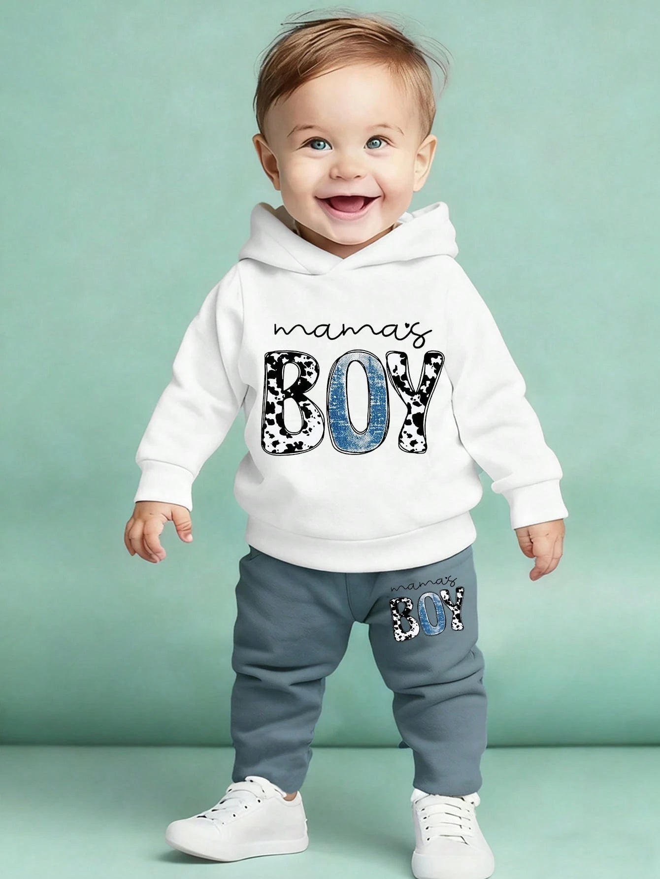 Baby Boys Black And White,Autumn,Cute,Matching Family Hoodie And Sweatpants Set,Polka Dot Letter Slogan Heart Graphic Print Casual Comfortable Outfit