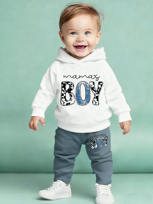 Baby Boys Black And White,Autumn,Cute,Matching Family Hoodie And Sweatpants Set,Polka Dot Letter Slogan Heart Graphic Print Casual Comfortable Outfit