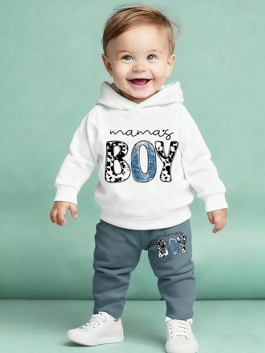Baby Boys Black And White,Autumn,Cute,Matching Family Hoodie And Sweatpants Set,Polka Dot Letter Slogan Heart Graphic Print Casual Comfortable Outfit