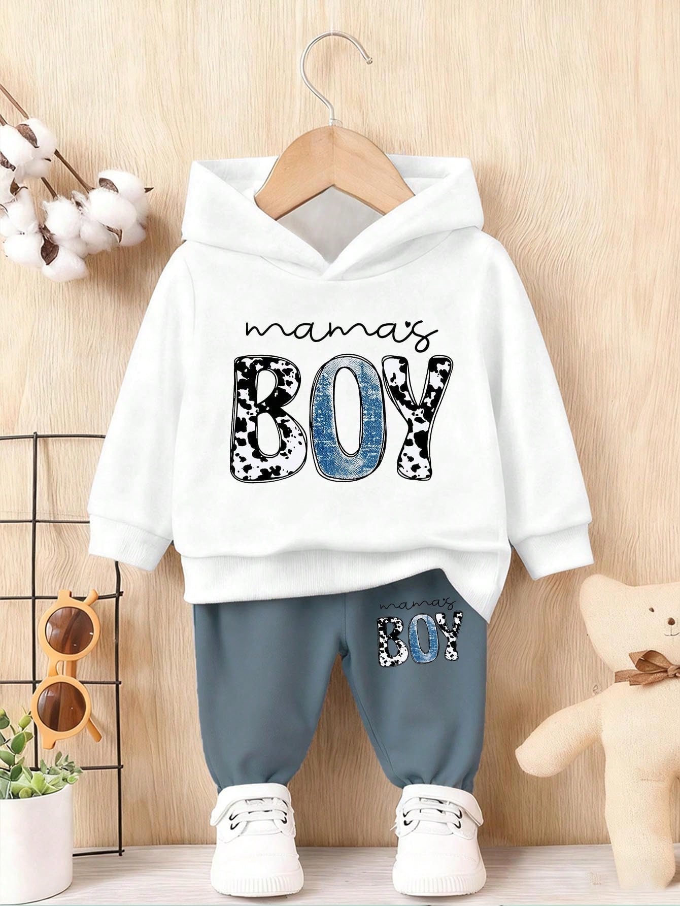 Baby Boys Black And White,Autumn,Cute,Matching Family Hoodie And Sweatpants Set,Polka Dot Letter Slogan Heart Graphic Print Casual Comfortable Outfit