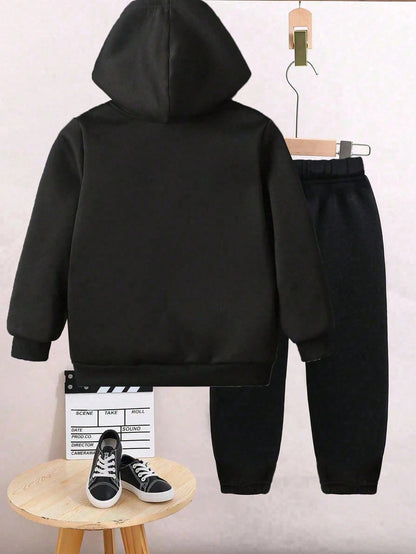 Baby Boys Black And White,Autumn,Cute,Matching Family Hoodie And Sweatpants Set,Polka Dot Letter Slogan Heart Graphic Print Casual Comfortable Outfit
