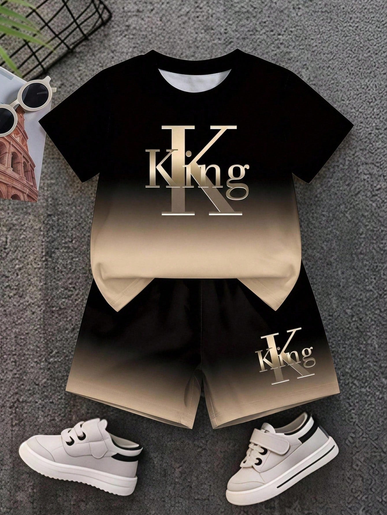 Baby Boys Casual Fashion Minimalist Letter KING Print Gradient Crew Neck Short Sleeve T-Shirt And Matching Shorts Soft Outfit Black Gradient Khaki
