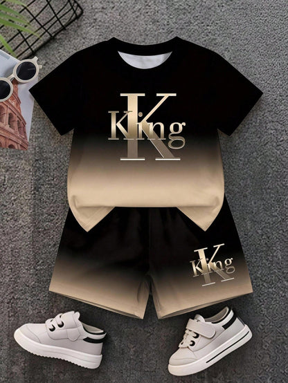 Baby Boys Casual Fashion Minimalist Letter KING Print Gradient Crew Neck Short Sleeve T-Shirt And Matching Shorts Soft Outfit Black Gradient Khaki