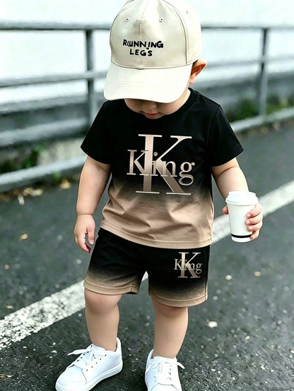 Baby Boys Casual Fashion Minimalist Letter KING Print Gradient Crew Neck Short Sleeve T-Shirt And Matching Shorts Soft Outfit Black Gradient Khaki