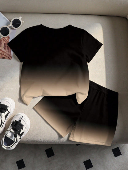 Baby Boys Casual Fashion Minimalist Letter KING Print Gradient Crew Neck Short Sleeve T-Shirt And Matching Shorts Soft Outfit Black Gradient Khaki