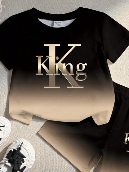 Baby Boys Casual Fashion Minimalist Letter KING Print Gradient Crew Neck Short Sleeve T-Shirt And Matching Shorts Soft Outfit Black Gradient Khaki