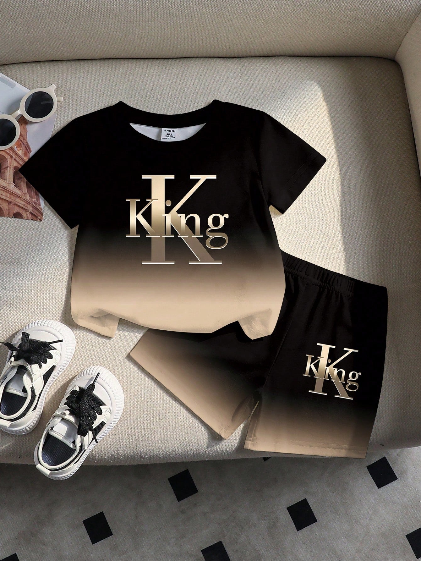 Baby Boys Casual Fashion Minimalist Letter KING Print Gradient Crew Neck Short Sleeve T-Shirt And Matching Shorts Soft Outfit Black Gradient Khaki