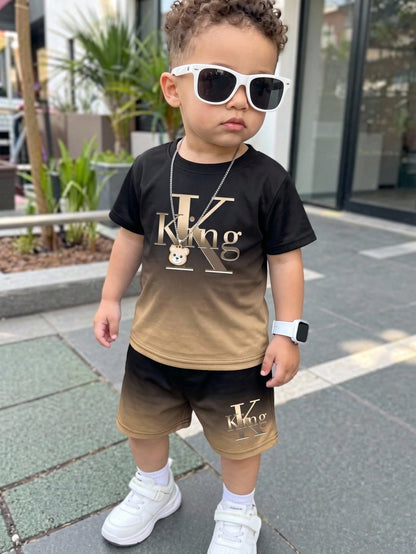 Baby Boys Casual Fashion Minimalist Letter KING Print Gradient Crew Neck Short Sleeve T-Shirt And Matching Shorts Soft Outfit Black Gradient Khaki