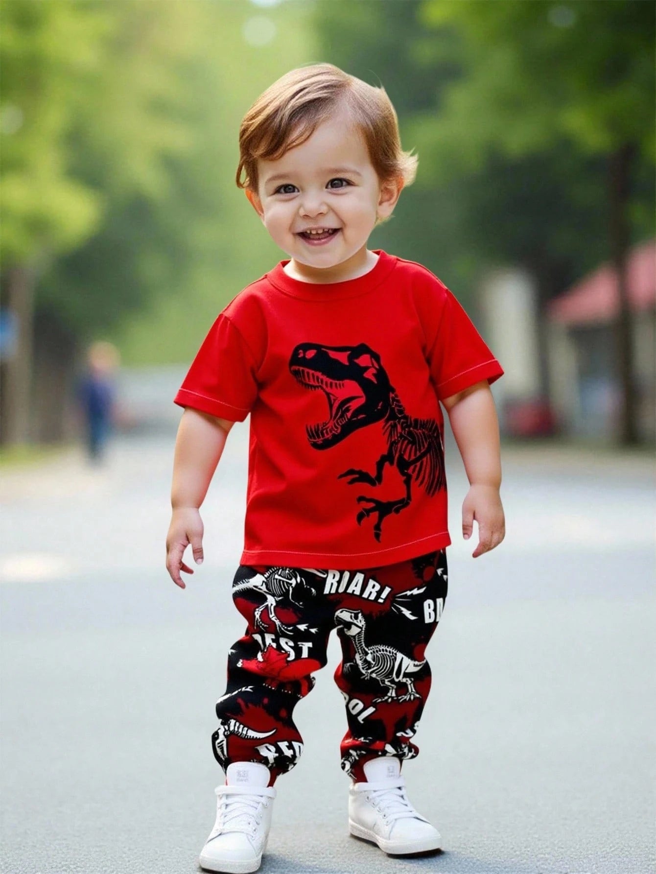 Baby Boys' Casual Style Cute Dinosaur Cartoon Animal Y2K Streetwear Graphic Print Round Neck Short Sleeve Top And Pants Set Fall