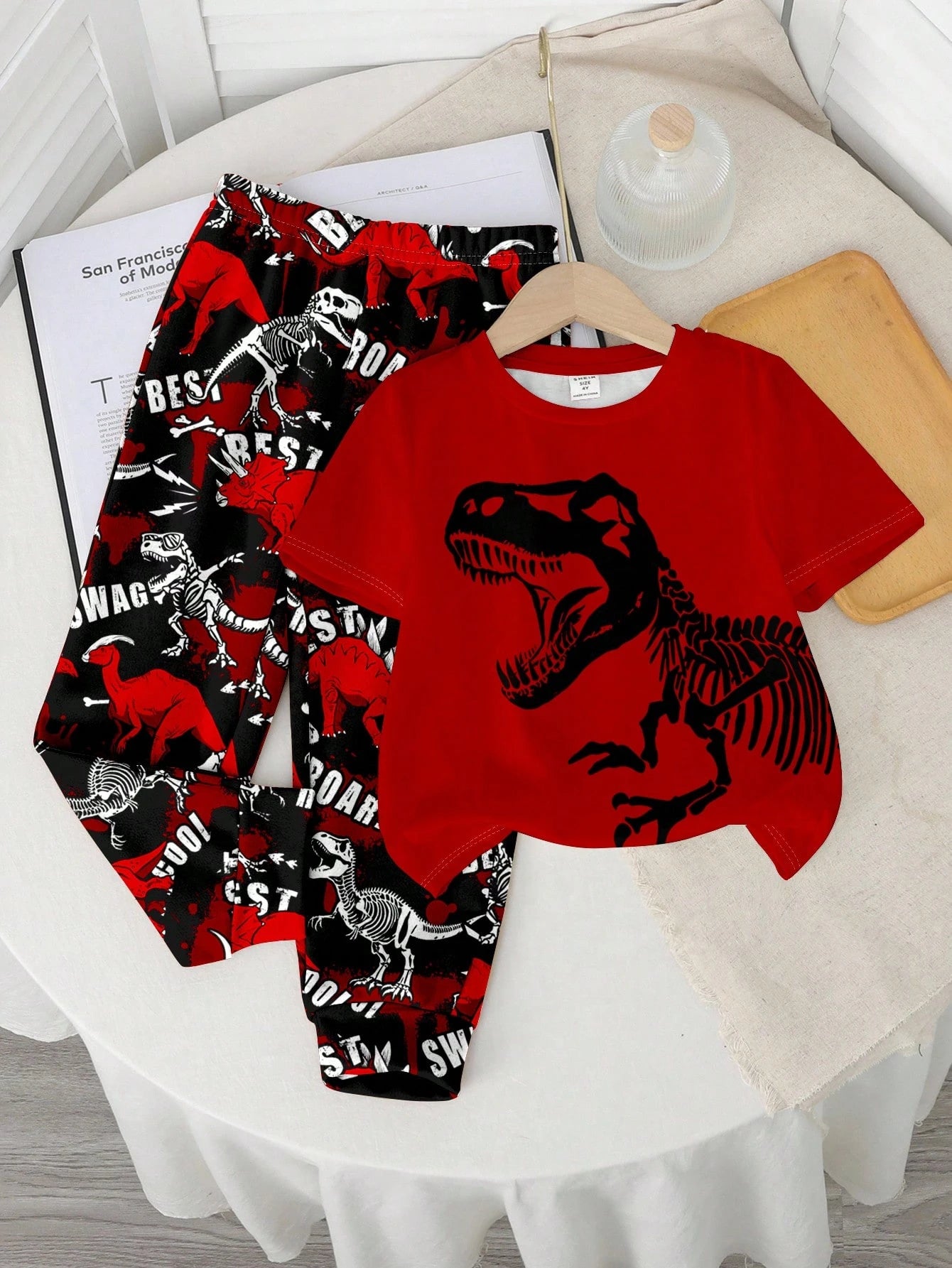Baby Boys' Casual Style Cute Dinosaur Cartoon Animal Y2K Streetwear Graphic Print Round Neck Short Sleeve Top And Pants Set Fall
