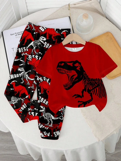 Baby Boys' Casual Style Cute Dinosaur Cartoon Animal Y2K Streetwear Graphic Print Round Neck Short Sleeve Top And Pants Set Fall