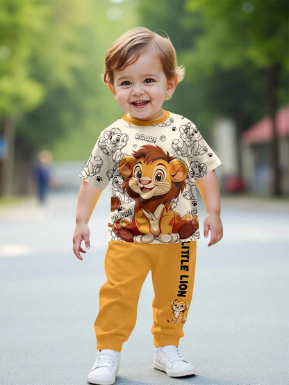 Baby Boys' Casual Style Cute Dinosaur Cartoon Animal Y2K Streetwear Graphic Print Round Neck Short Sleeve Top And Pants Set Fall