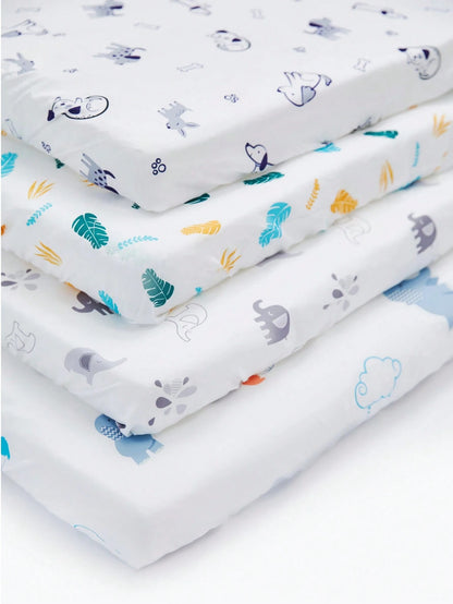 Baby Crib Fitted Sheet With Cute Animal Prints, Soft And Snug, 4 Pack Sheets Fit For Standard Crib Mattress 28x52in