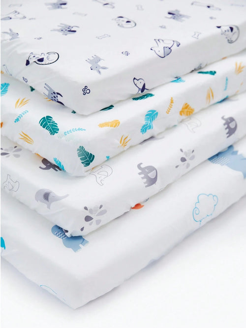 Baby Crib Fitted Sheet With Cute Animal Prints, Soft And Snug, 4 Pack Sheets Fit For Standard Crib Mattress 28x52in