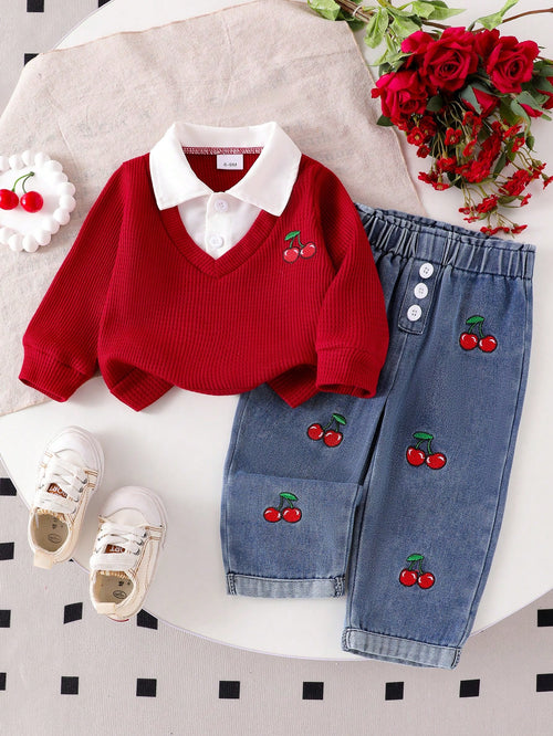 Baby Girl 2pcs Set- Colorblock Shirt Collar Top With Cherry Embroidery And High-Waist Button-Decorated Cherry Embroidery Cuff Jeans Set, Fashion