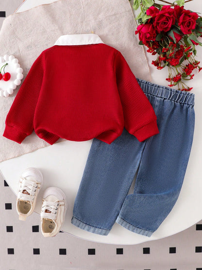 Baby Girl 2pcs Set- Colorblock Shirt Collar Top With Cherry Embroidery And High-Waist Button-Decorated Cherry Embroidery Cuff Jeans Set, Fashion