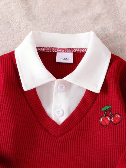 Baby Girl 2pcs Set- Colorblock Shirt Collar Top With Cherry Embroidery And High-Waist Button-Decorated Cherry Embroidery Cuff Jeans Set, Fashion