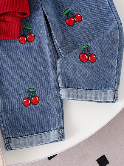 Baby Girl 2pcs Set- Colorblock Shirt Collar Top With Cherry Embroidery And High-Waist Button-Decorated Cherry Embroidery Cuff Jeans Set, Fashion