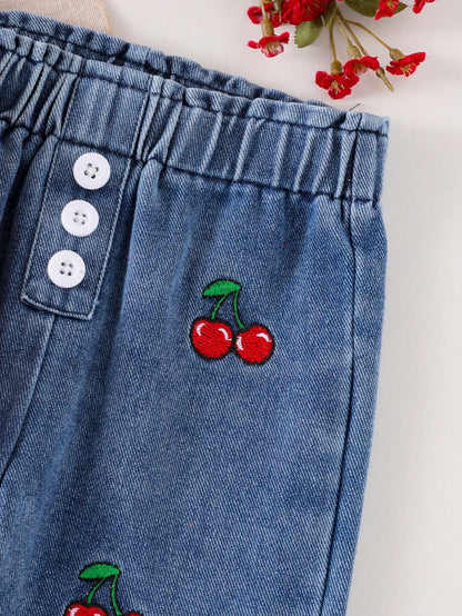 Baby Girl 2pcs Set- Colorblock Shirt Collar Top With Cherry Embroidery And High-Waist Button-Decorated Cherry Embroidery Cuff Jeans Set, Fashion