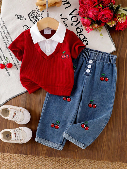 Baby Girl 2pcs Set- Colorblock Shirt Collar Top With Cherry Embroidery And High-Waist Button-Decorated Cherry Embroidery Cuff Jeans Set, Fashion
