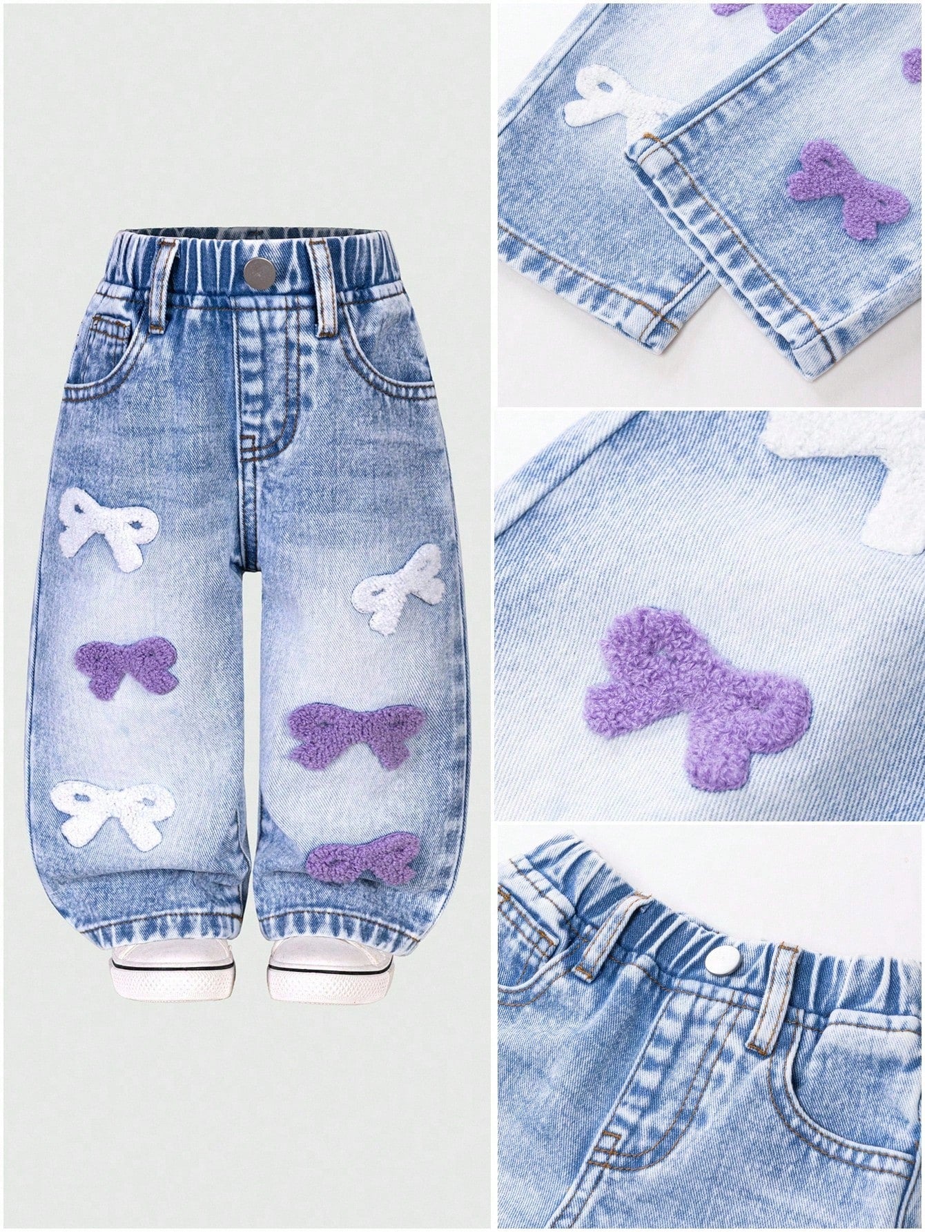 Baby Girl Cute Cross Applique Straight Leg Jeans Vintage Distressed Denim Blue And White Flower Summer Back-To-School Christian Outfit Graduation